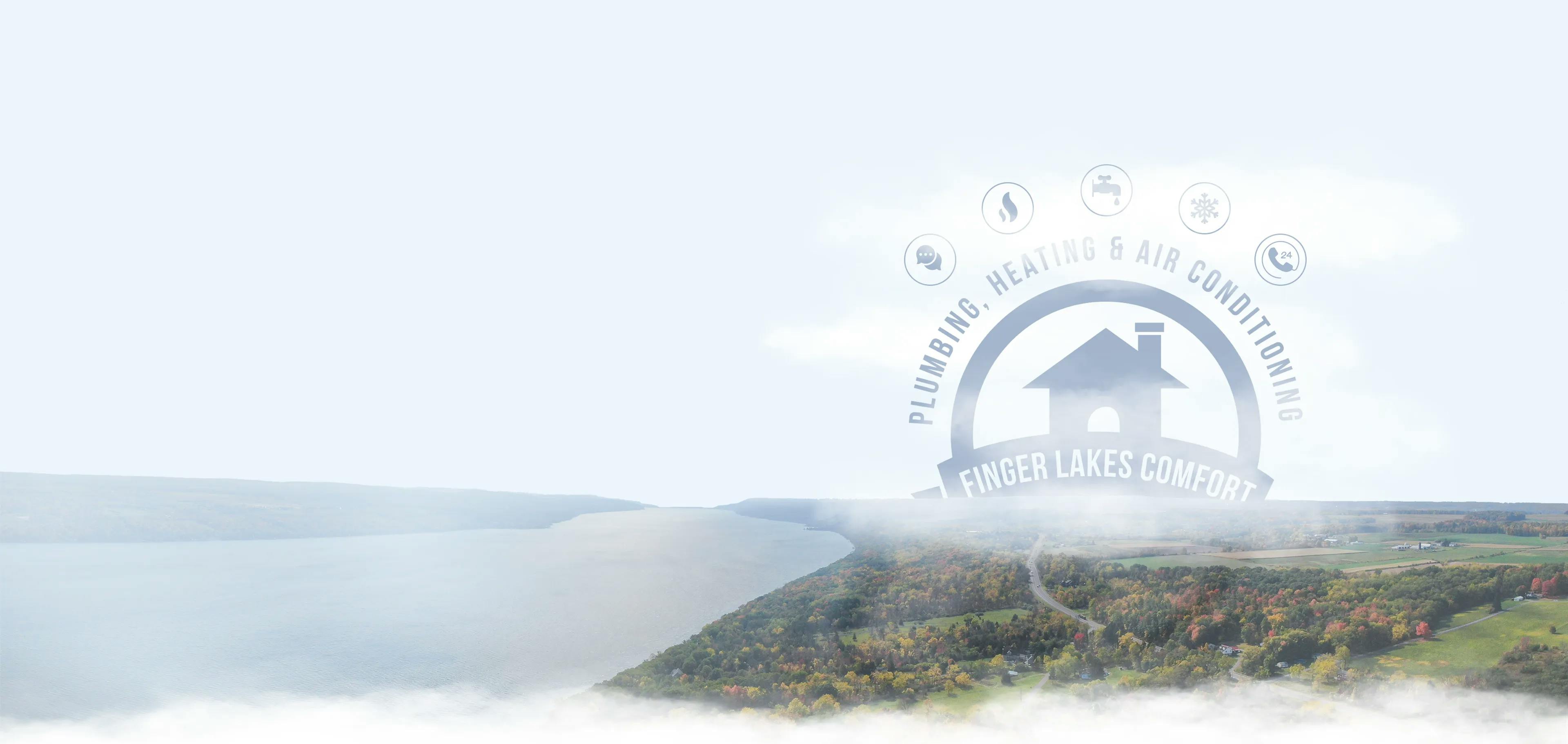 background photo of a lake with the Finger Lakes logo on it